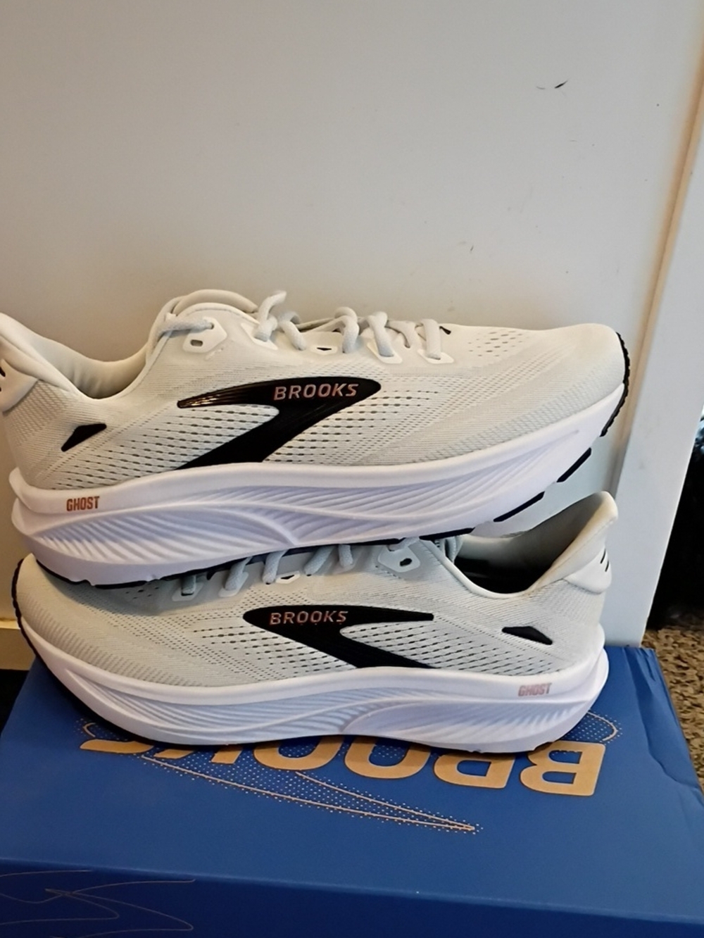 Brooks Ghost Running Shoes in White with Black Accents